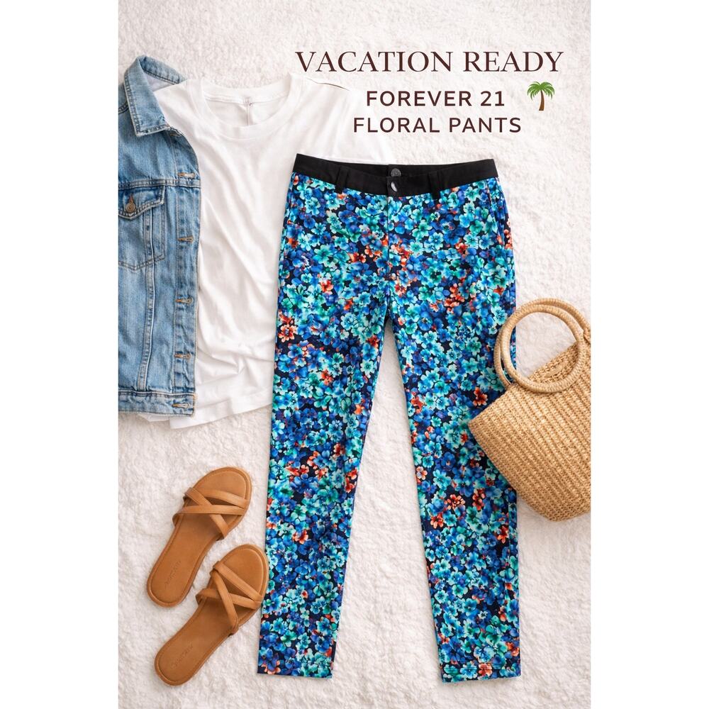 Forever 21 Floral Pants Blue Teal Slim Fit Size M
